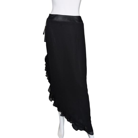 Black Chiffon Ruffle Midi Skirt 4 Asymmetric Hem Evening Party Cocktail Elegant - Picture 3 of 7